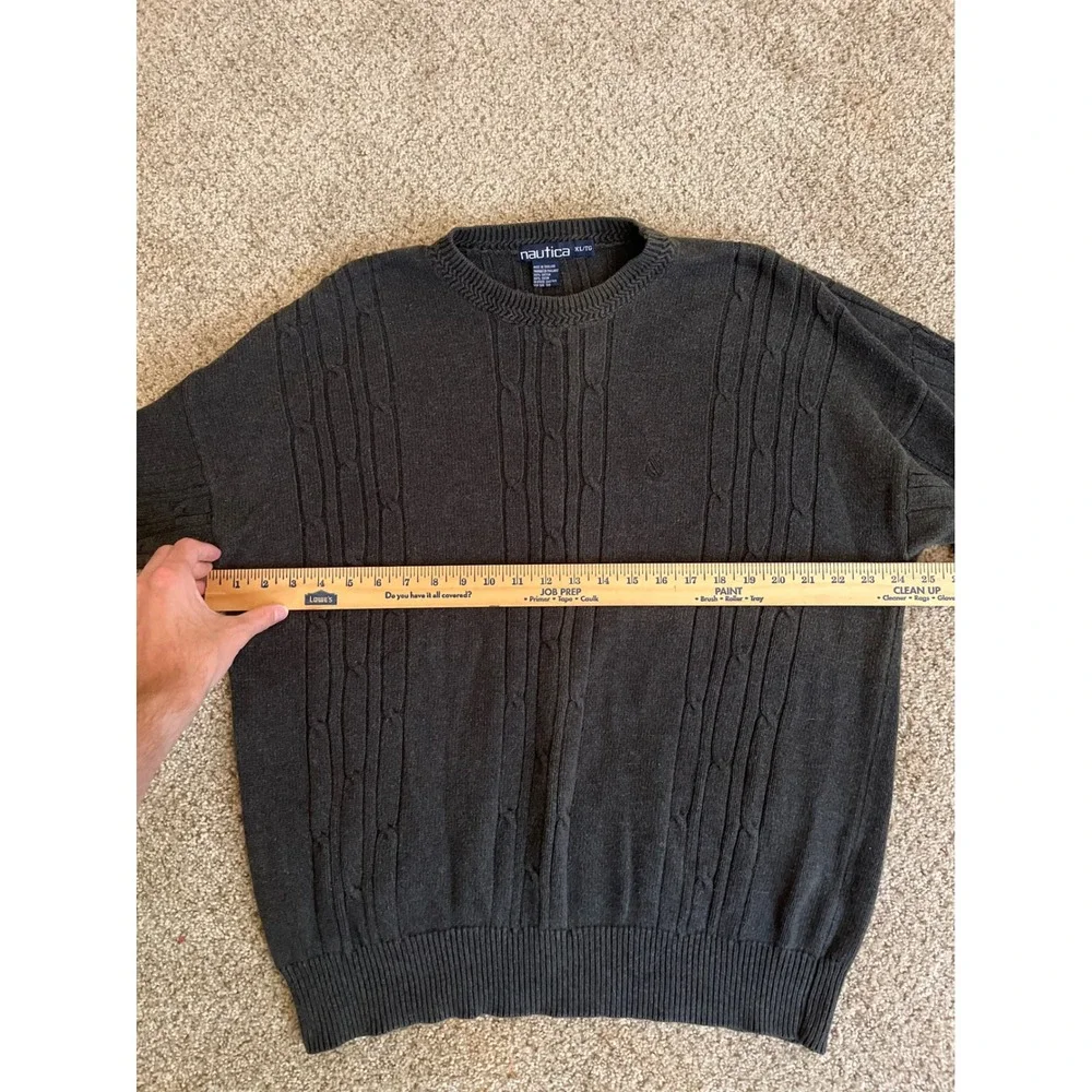 VTG Nautica Mens Sweater XL Dark Gray Cable Knit Crew Neck Long Sleeve Pullover